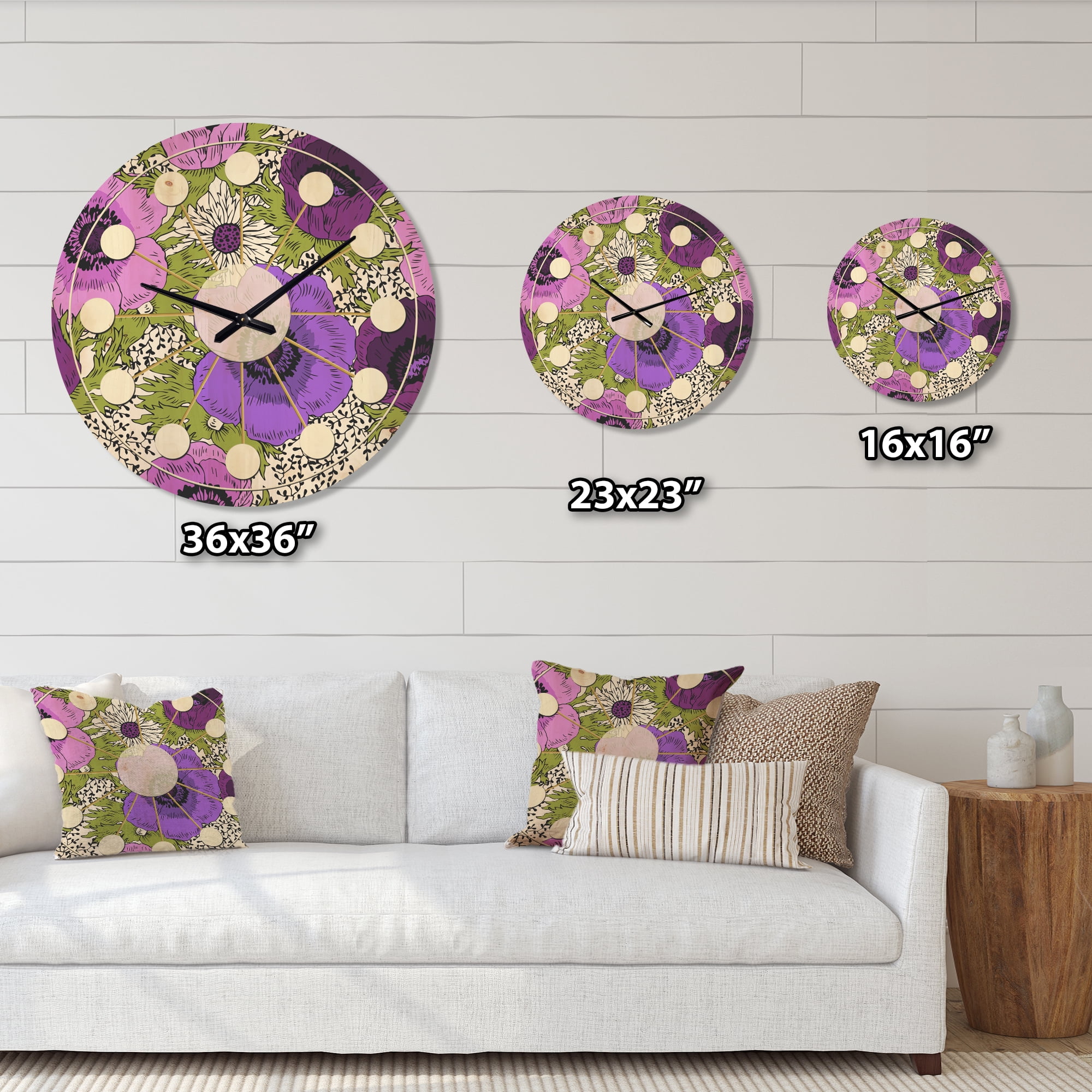 Designart 'Purple Fantasy Flowers Retro Pattern' Mid-Century Modern Wood Wall Clock