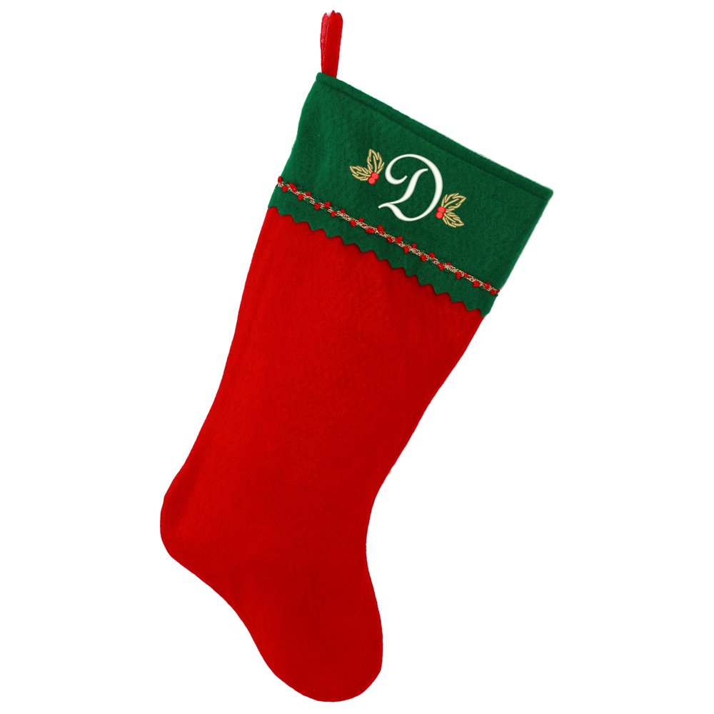 Embroidered Initial Christmas Stocking, Green and Red Felt, Initial D ...