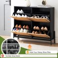 thumbnail image 4 of Negra rattan shoe gabinete: 4 flip - top cajones, 3 - tier adjustable estantes, metal legs, freestanding hidden moderno shoe rack con anti - tip function, perfect entrada, sala de estar, hallway, 4 of 5