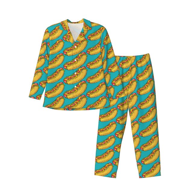 Balery Hot Dogs 8 Pijama para Hombre de Dos Piezas con Manga Larga, Conjunto de Dormir y Descanso Suave con Bolsillos-Small