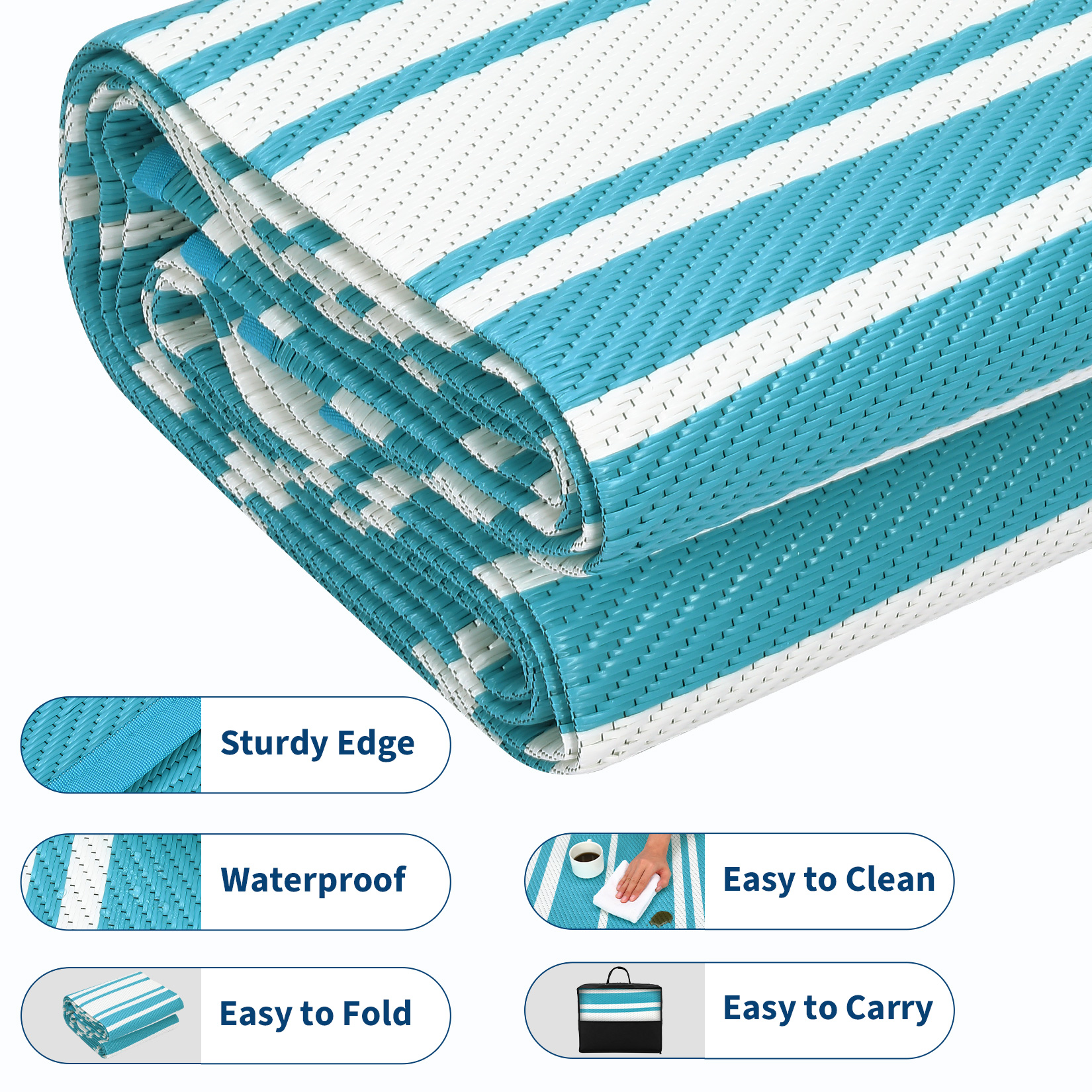 HIWEAVER 8' x 10' Light Blue Outdoor Rug PP Plastic Straw Woven Waterproof Patio Rug with Border Portable Outside Carpet for Balcony Deck Picnic Garden Decor