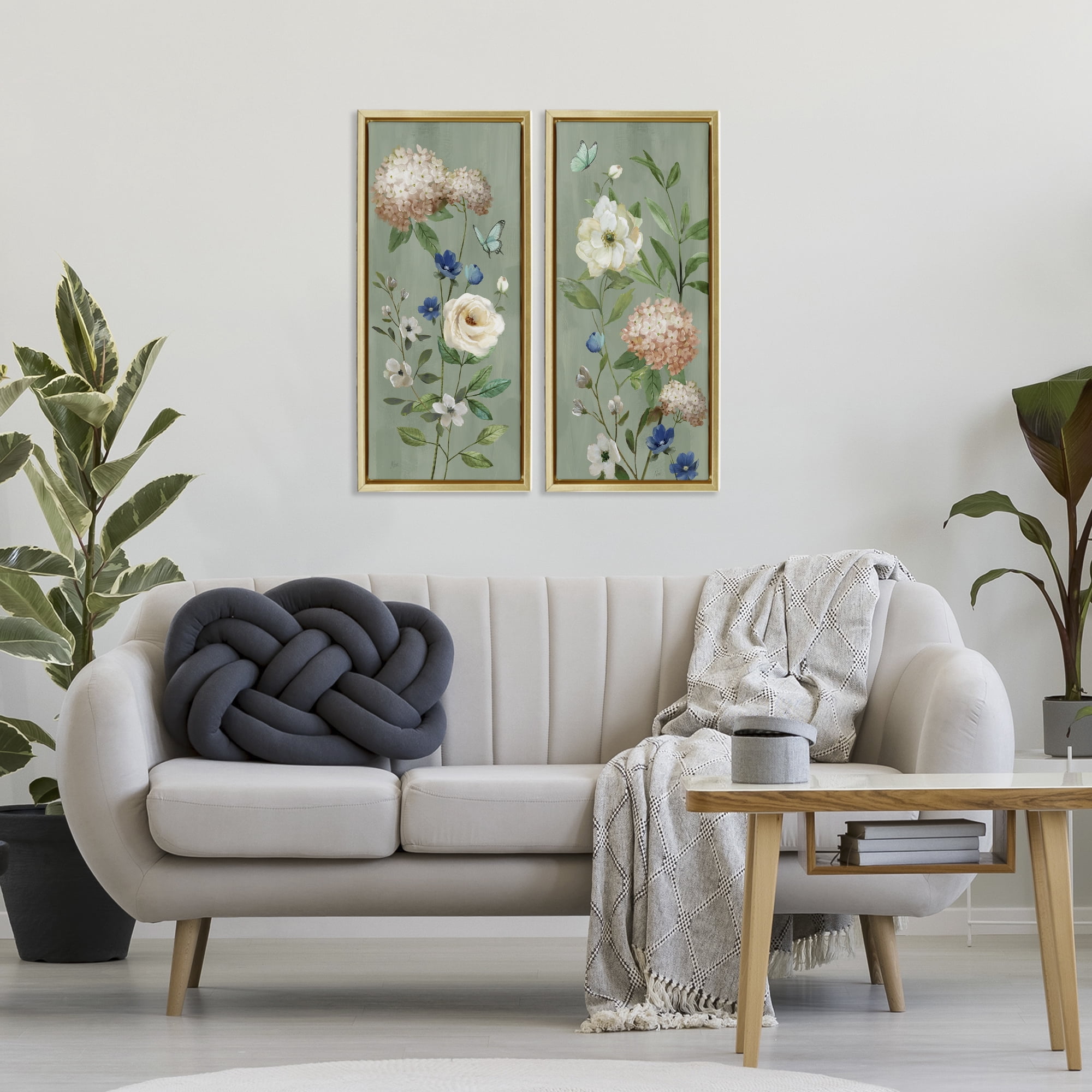 Stupell Industries Mint Hydrangeas & Roses 2 Piece Gold Framed Floater Canvas Set, design by Nan