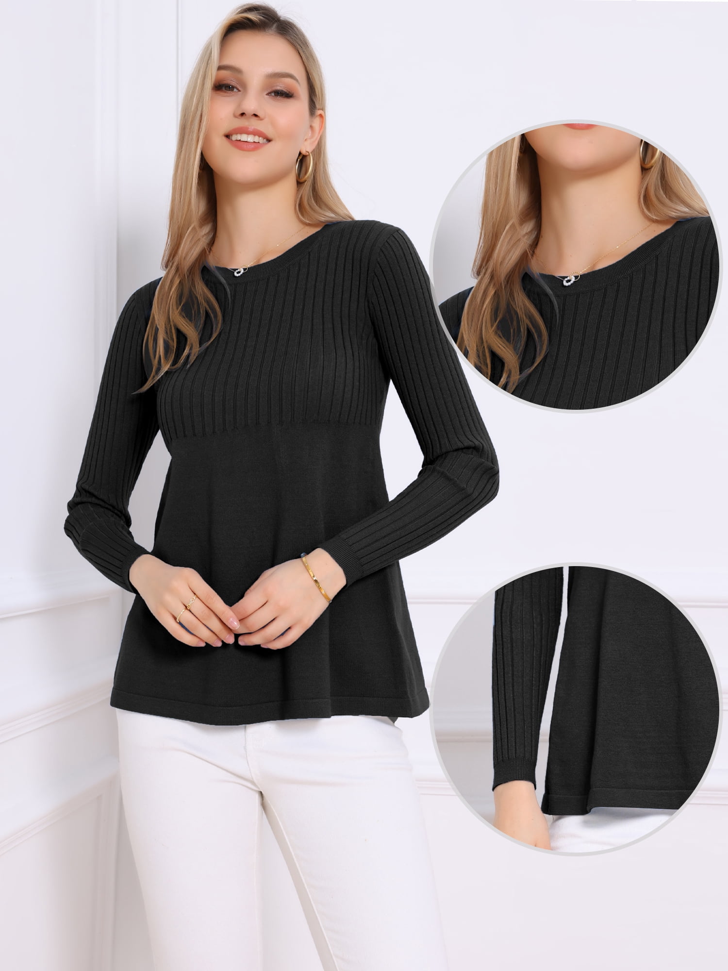 DARING DIVA Women's Crewneck Long Sleeve Stretchy Pullover Sweaters M Black