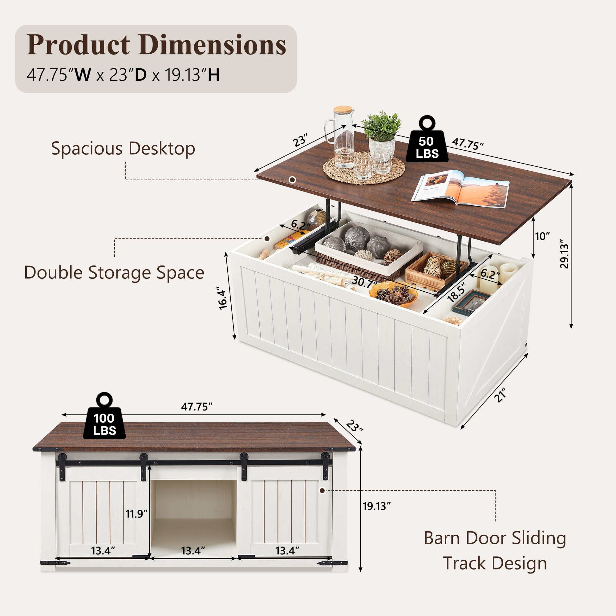 SinCiDo Farmhouse Coffee Table with Storage for Living Room, Lift Top Coffee Table w/Sliding Groove Barn Door