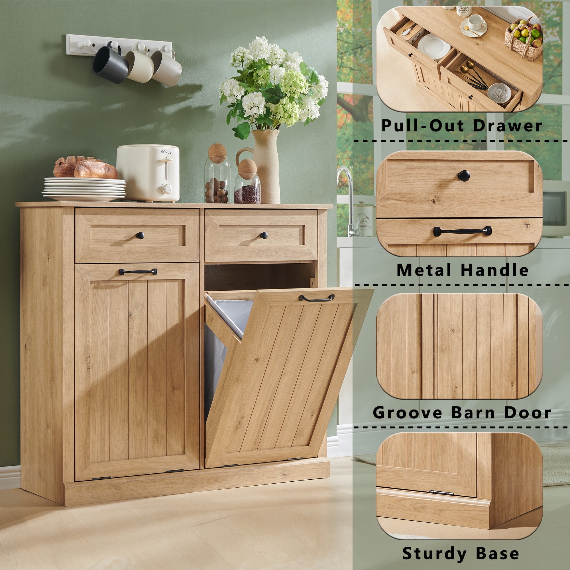 Double Tilt Out Trash Cabinet, 20 Gallon Farmhouse Laundry Hamper Cabinet with 2 Drawers, Storage Basket for Kitchen, Living Room, Natural