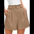 thumbnail image 3 of Pantalones Cortos de Trabajo Informales para Mujer, de Verano 2025, con Cintura Alta Elástica, Plisados, Aberturas Laterales y Bolsillos. Caqui M, 3 of 9