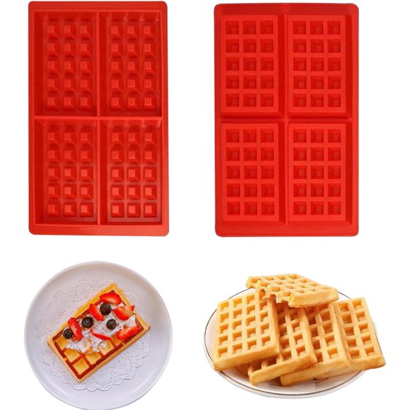 HYCSC Silicone Waffle Maker Mold, 4 Cavity Square Waffle Mold, Non-Stick, BPA Free, Red, Waffle Shape, Food Preparation Mold