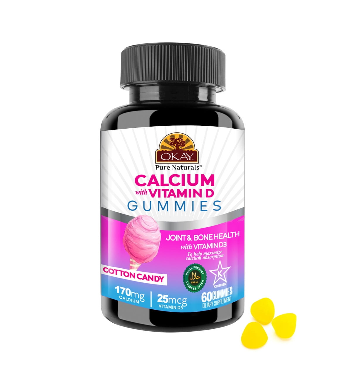(2 pack) Okay Pure Naturals Calcium Gummies with Vitamin D3 for Bone Health and Immune Support, Cotton Candy Flavor, 60 Count