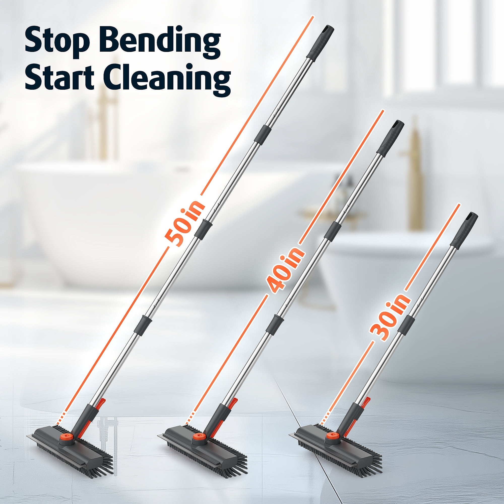 Floor Scrub Brush 3 in 1 Scrape and Heavy-Duty Stiff Bristle Scrubber Brush for Cleaning Shower Bathroom, Patio, Garage, Kitchen, Wall and Deck with Long Handle