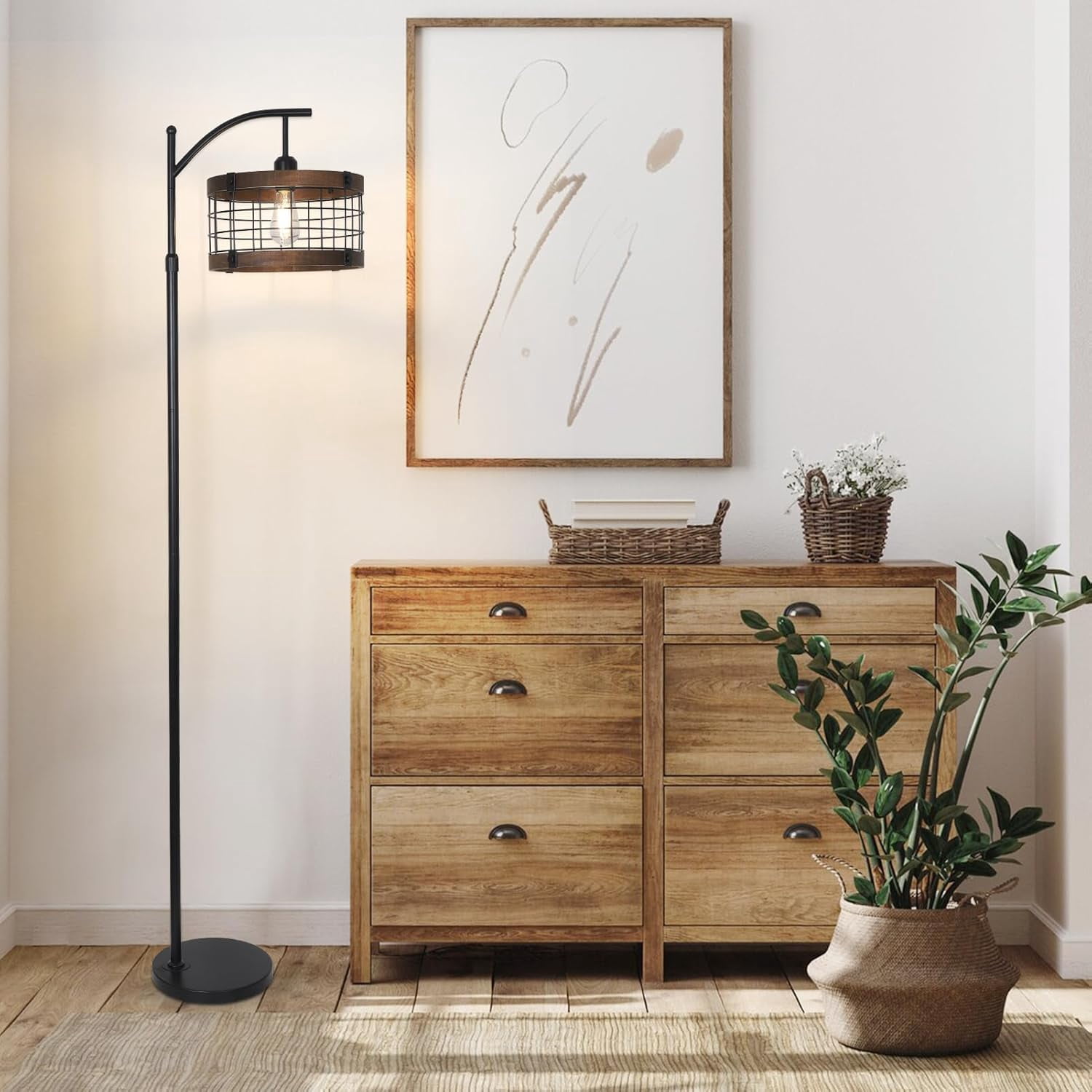 Newest 73” Rustic Farmhouse Arc Floor Lamp with Remote, 3-Color Dimmable LED & Wood/Metal Shade for Living Room