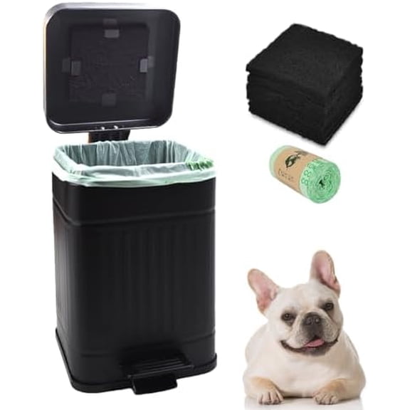 5L Dog Poop Trash Can with Lid for Outdoors，1.3 Gallon Trash Can with Activated Carbon Filter & Plastic Bags, Pet Waste Container，UP5L-BK-Fang$$Storage