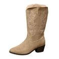 thumbnail image 6 of Retro Wide Calf Cowboy Boots for Women Roman Embroidered Suede Chunky Mid Heel Cowgirl Tall Boots Khaki Size 8.5, 6 of 7