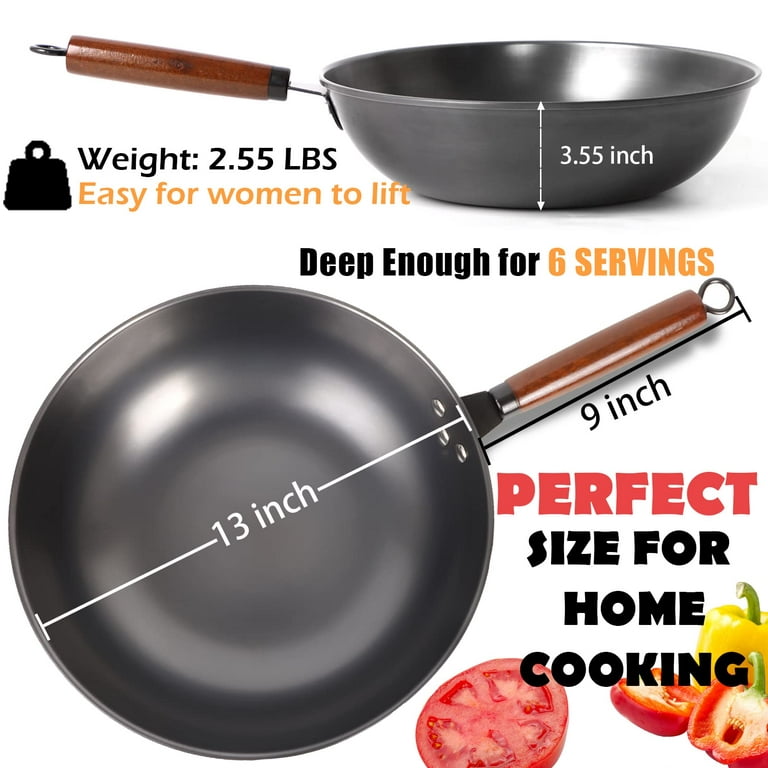 Carbon Steel Frying Wok Pan with Lid and Wooden Spatula, Clatine