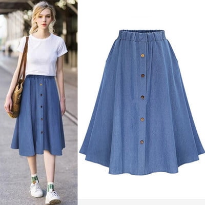 Women's Plus Size Denim Midi Skirt With Double Pockets | Walmart Canada
