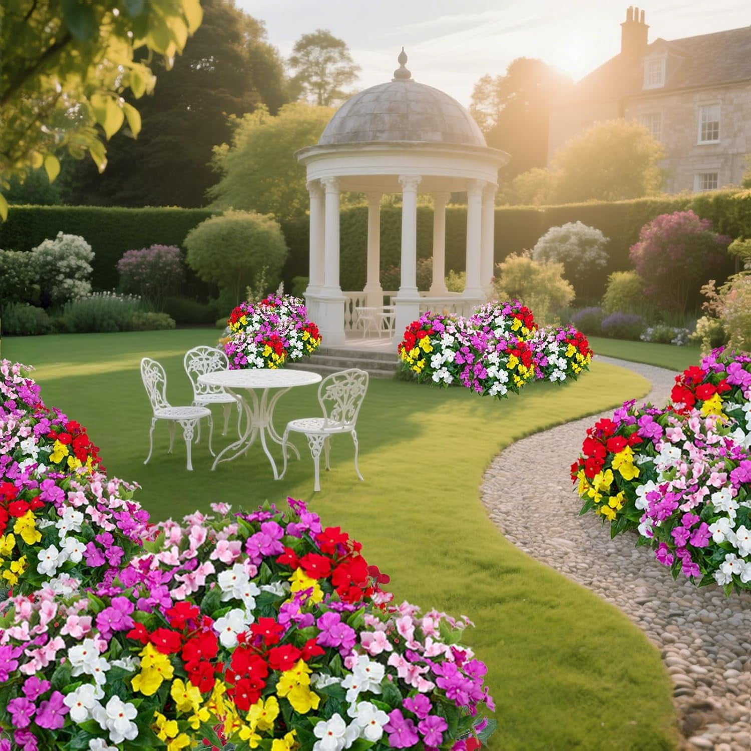 5PCS Artificial Impatiens Bouquet Flowers for Outdoors Silk Faux Flowers Fake Planters UV Resistant Summer Indoor Decor Garden Porch Patio Window Balcony (Mix Pink Red Purple Yellow White)