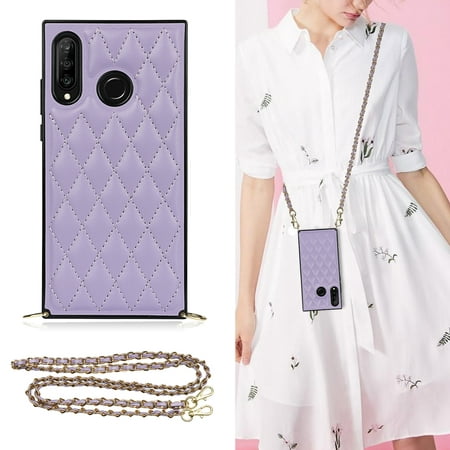 For Huawei P30 Lite Elegant Rhombic Pattern Microfiber Leather +TPU Shockproof Case with Crossbody