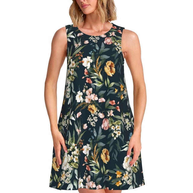 Fotbe Watercolor Floral Vestido de Verano sin Mangas para Mujer – Vestido Midi Línea A, Estilo Camiseta Floral, Vestido Playero Casual y Fluido