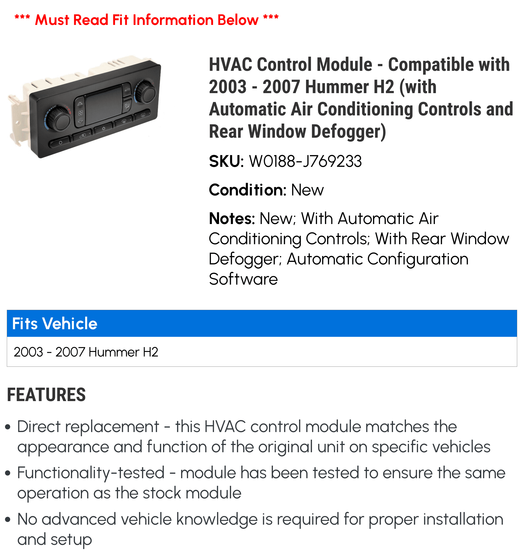 Buy HVAC Control Module Compatible with 2003 2007 Hummer H2 (with