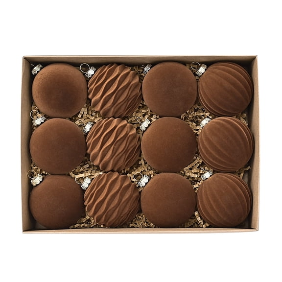 Ltvvegg Christmas Ornaments Set Velvet Plastic Christmas Balls, 3.2inch Large Xmas Ball Ornaments 12 Pcs Flocked Balls Xmas Hanging Ornaments Shatterproof Ball Set, Brown