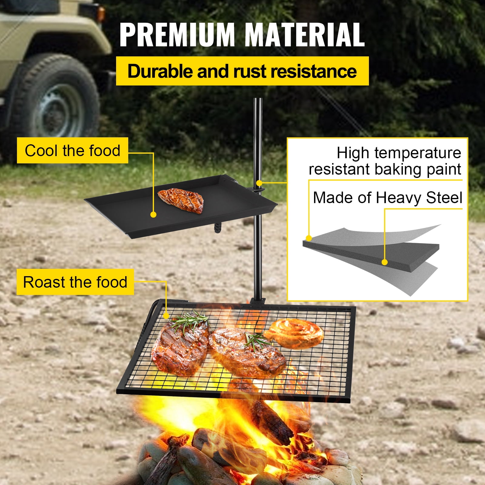 VEVOR Swivel Grill 24" x 24" Campfire Swivel Grill Double Layer Heavy Duty Over Fire Grill for BBQ