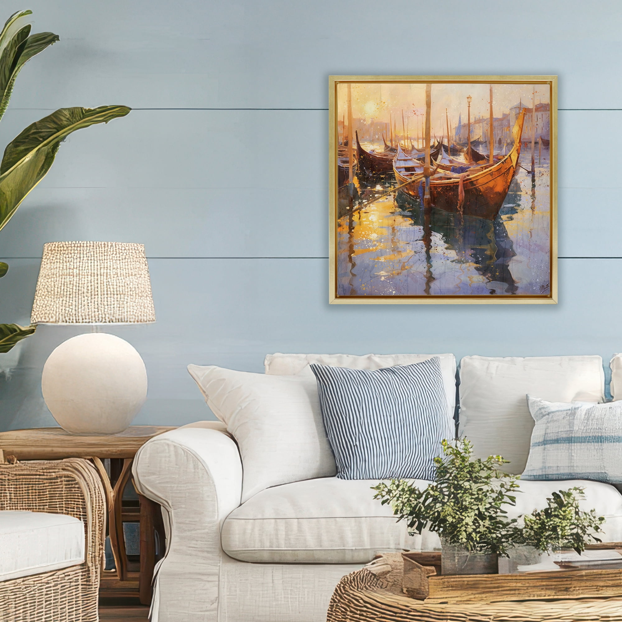 Stupell Industries Venetian Gondolas in Golden Light Gold Framed Floater Canvas Wall Art, design by Marta Wiley
