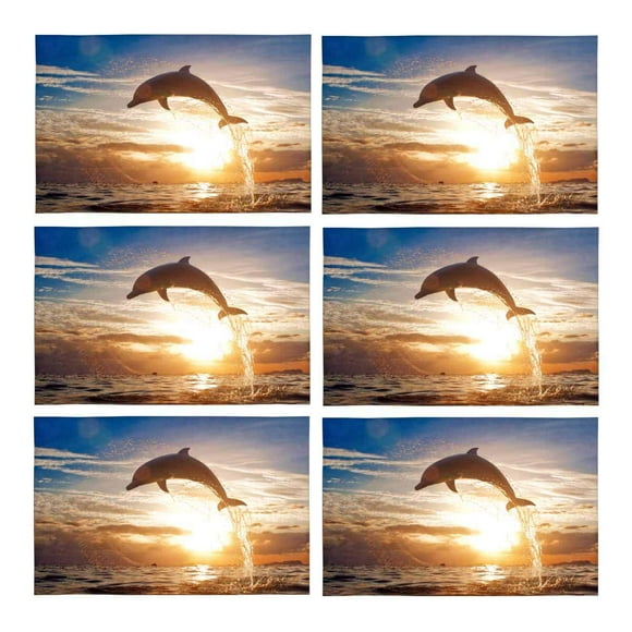YUSDECOR Funny Animal Dolphin Jumping from Shining Sunset Sea Water Placemats Table Mats for Dining Room Kitchen Table Decoration 12x18 inch,Set of 6
