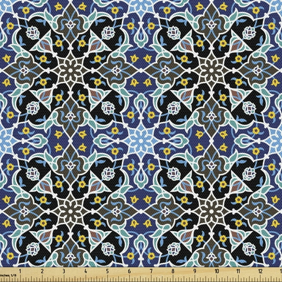 Ambesonne Bohem Fabric by the Yard Upholstery, Moroccan Eastern Ornaments, 3 Yards, Royal Blue