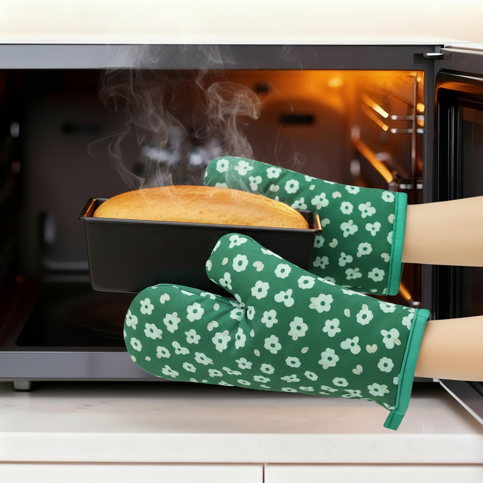 Unique Bargains Soft Heat-Resistant Cotton Oven Mitts 2 Pcs Green 10.2x5.5 Inch