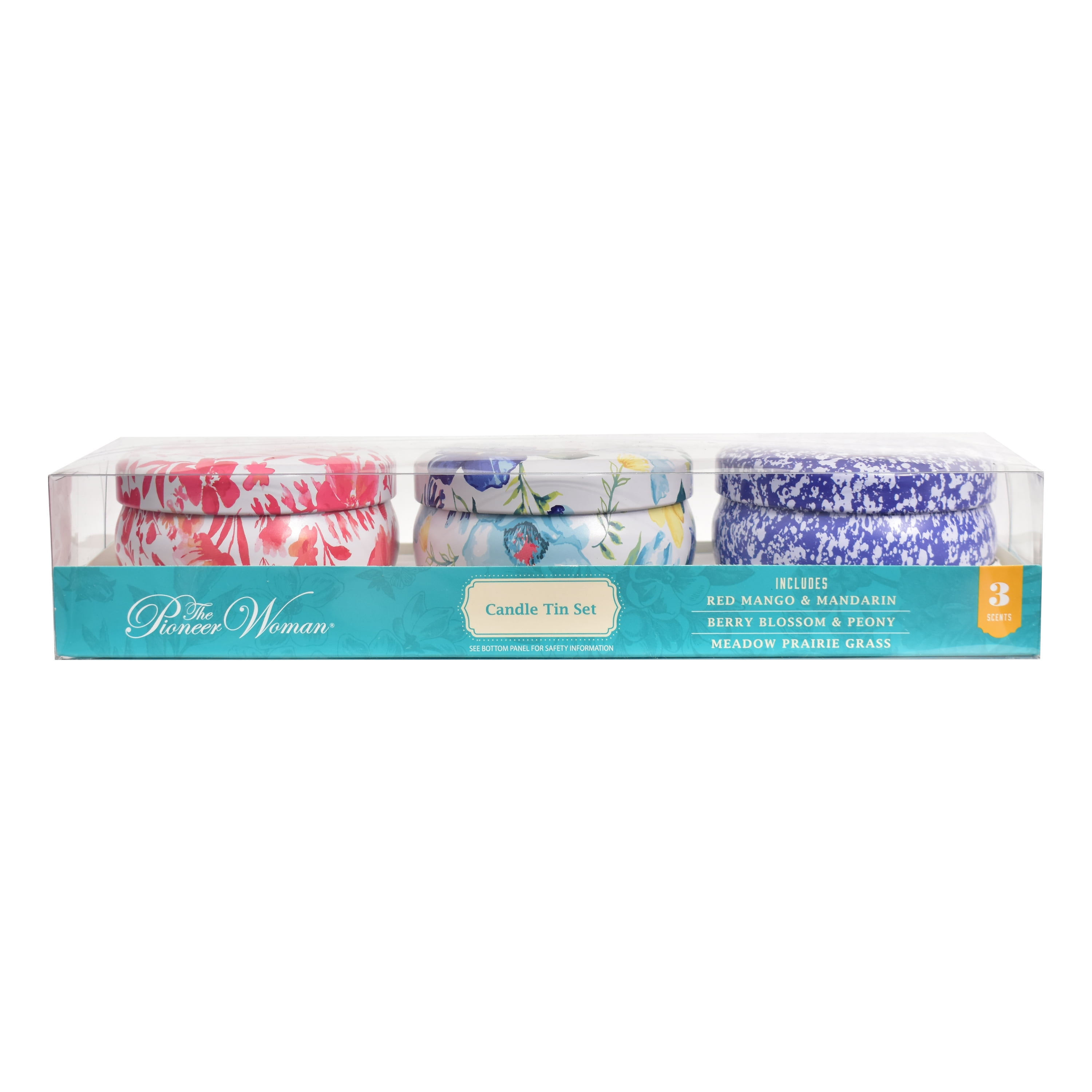 The Pioneer Woman 3-Piece Tin Candle Set, Red Mango & Mandarin, Berry Blossom & Peony, and Meadow Prairie Grass