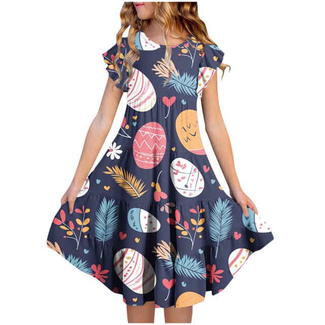 LOVZFMLL Fashion Girls' Summer Short Sleeve Ruffled Pockets Round-Neck Printed Dress
