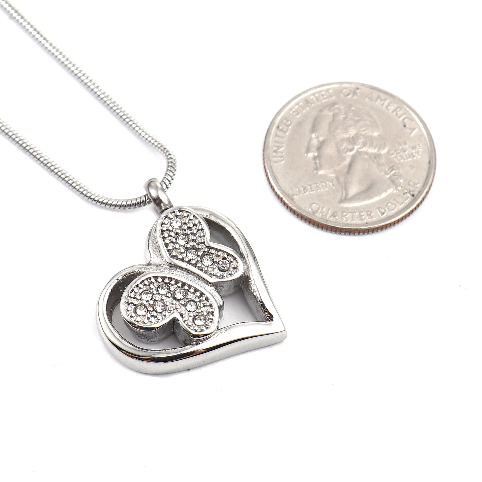 Women's Funeral Stainless Steel Crystal Rhinestone Butterfly Heart Cremation Ashes Holder Keepsake Memorial Pendant Necklace with Funnel Kit and Velvet Jewelry Kit