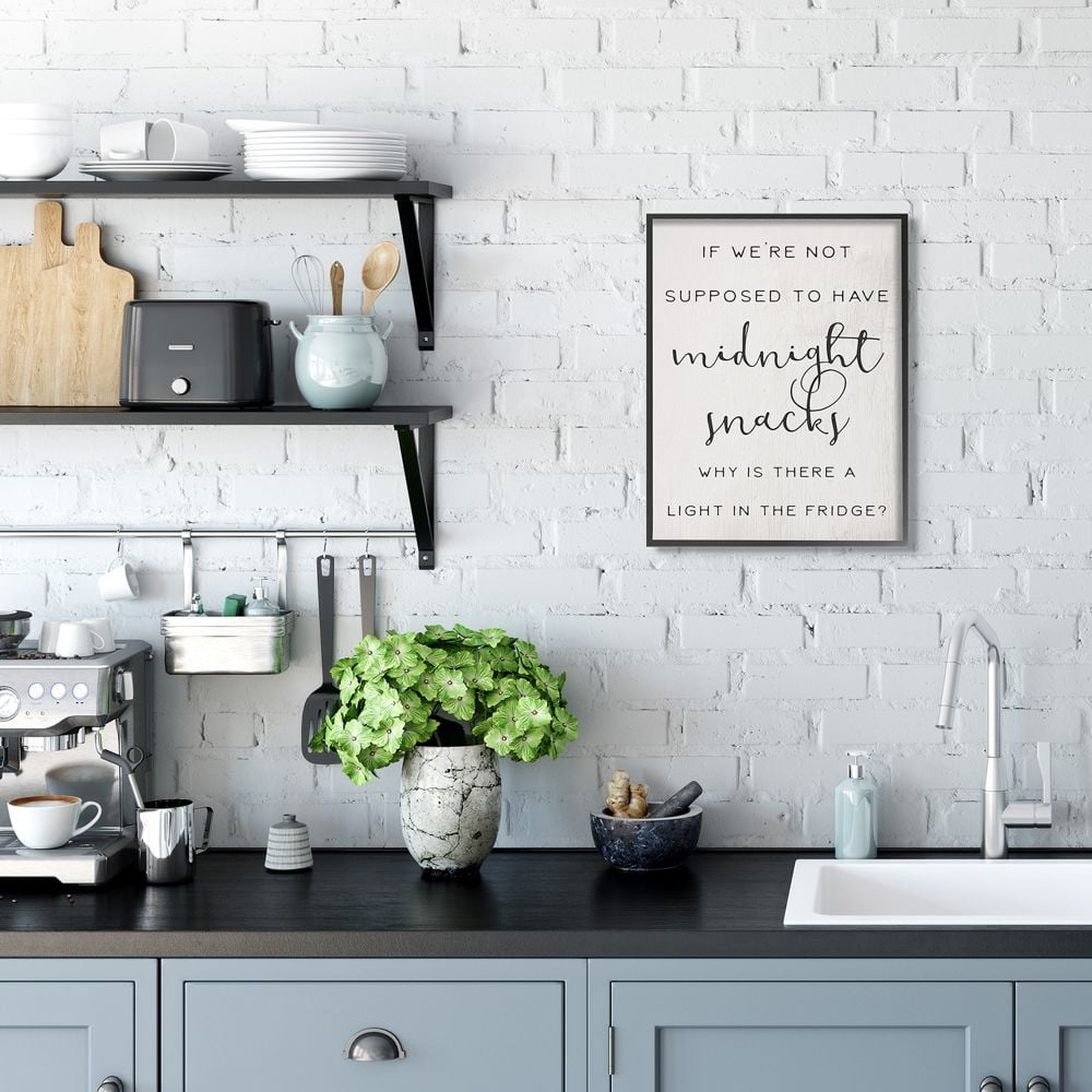 Stupell Industries Midnight Snack Joke Hungry Kitchen Phrase Black White Framed Wall Art Design by Daphne Polselli, 16" x 20", Black Framed