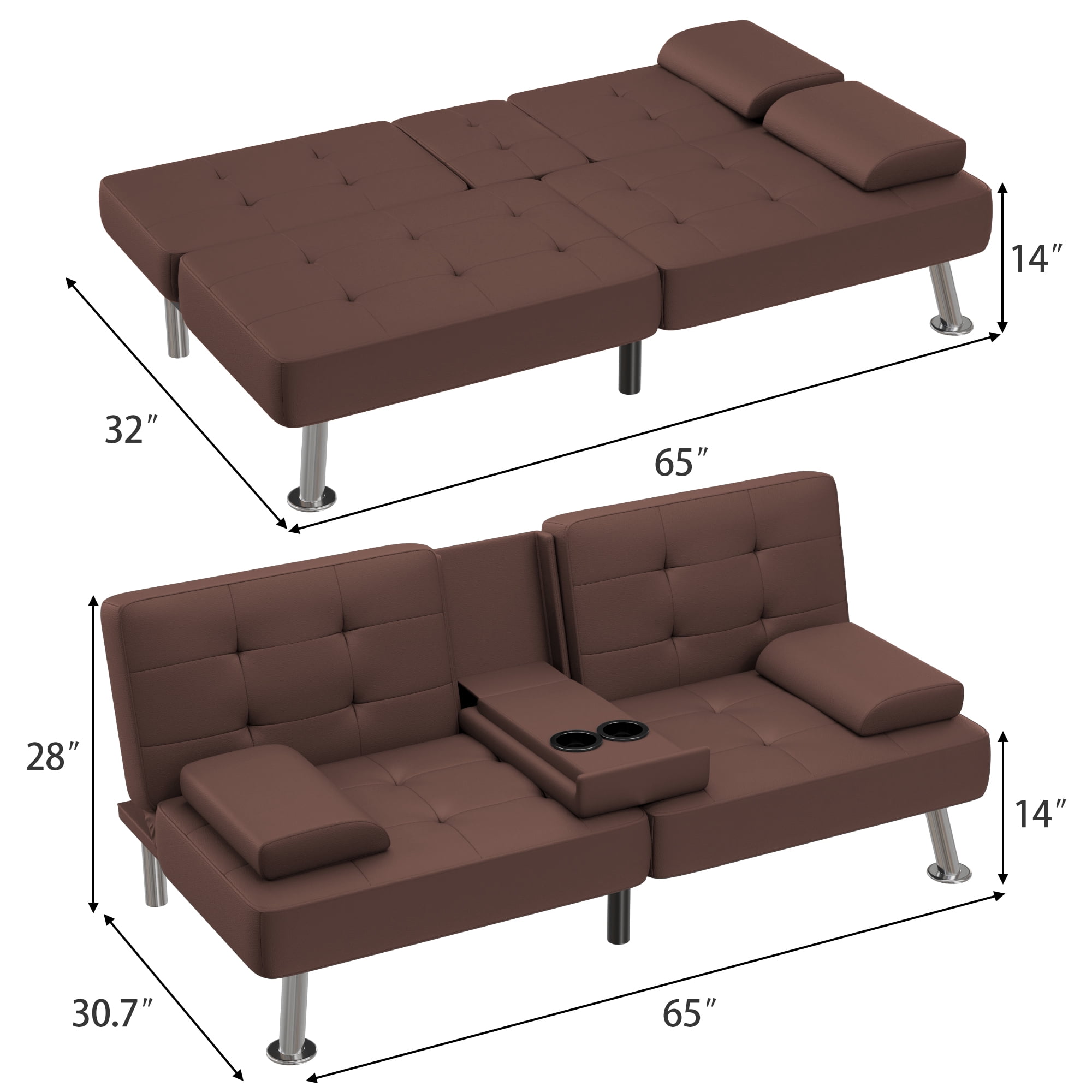 Vineego Futon Sofa Bed Folding Leather Modern Couch with 2 Cup Holders,Removable Armrests,Brown