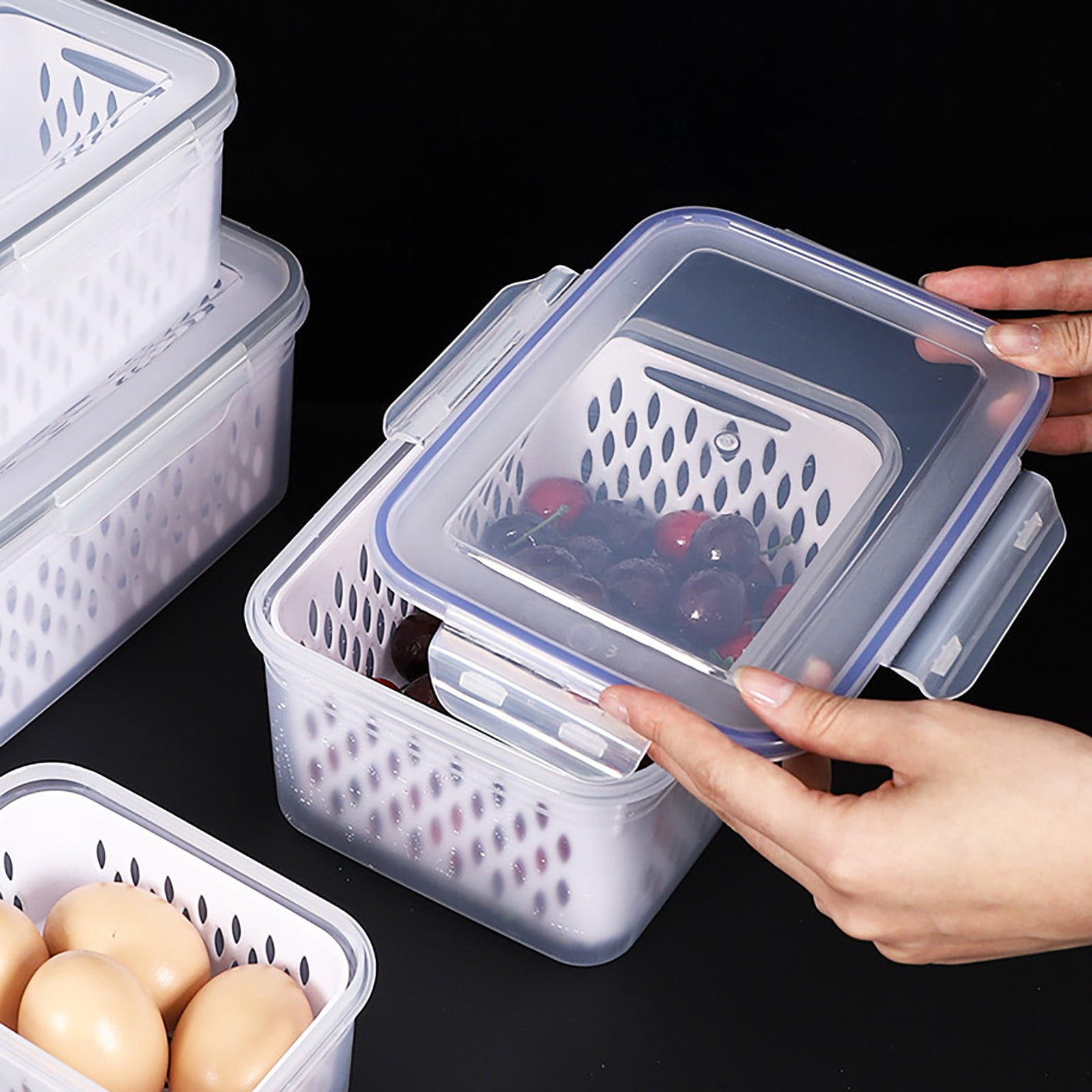XKHAZA Fruit Containers for Fridge - Leakproof Food Storage Containers with Removable Colander - Dishwasher & microwave safe Produce Containers Keep Fruits, Vegetables, Berry, Meat Fresh longer