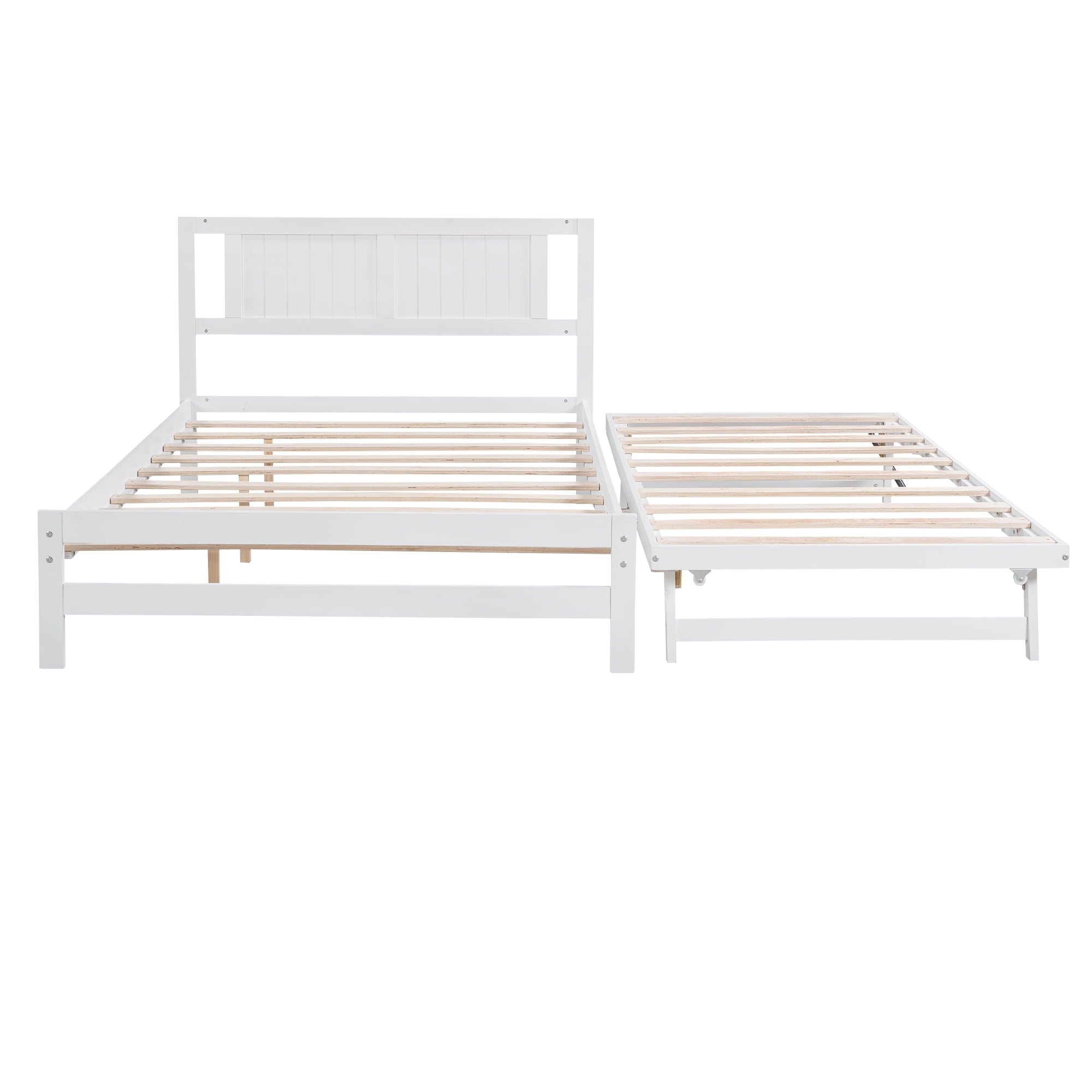 Aukfa Full Size Platform Bed with Trundle - Solid Wood Bed Frame for Kids Guests Bedroom - White