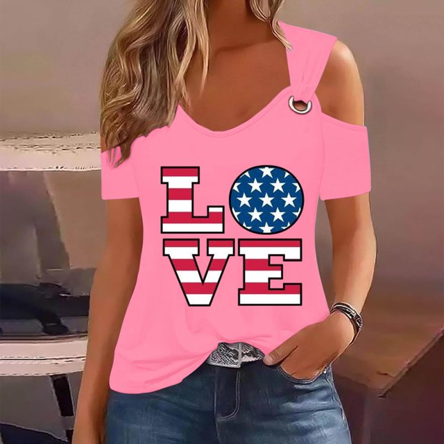 Fiudx Tops para Mujer Top de Manga Corta con Cuello En V y Hombros Descubiertos Sexy para El Día de La Independencia para Mujer
