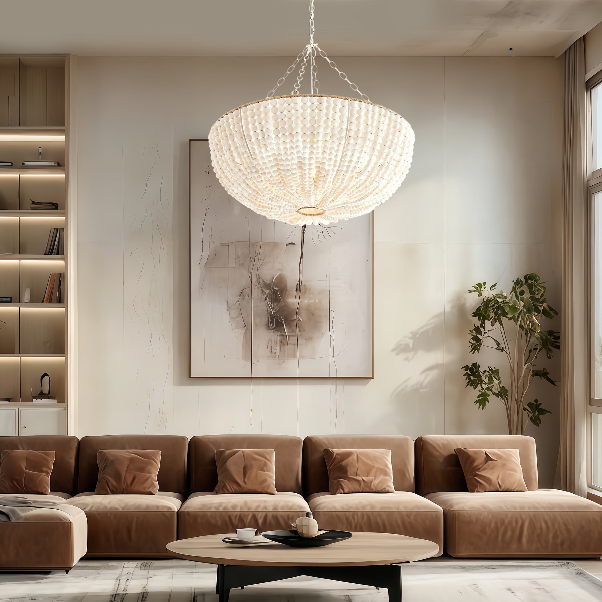 Coastal Ivory Round Wood Bead Chandelier, Natural Ceiling Lamp, Elegant Ceiling Light, Hand-weaved Light Fixture over Kitchen Island, for Living Room, Dining Room, Bedroom
