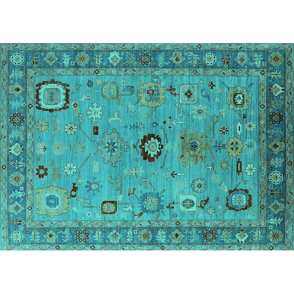 Ahgly Company Machine Washable Indoor Rectangle Oriental Turquoise Blue Industrial Area Rugs, 7' x 10'