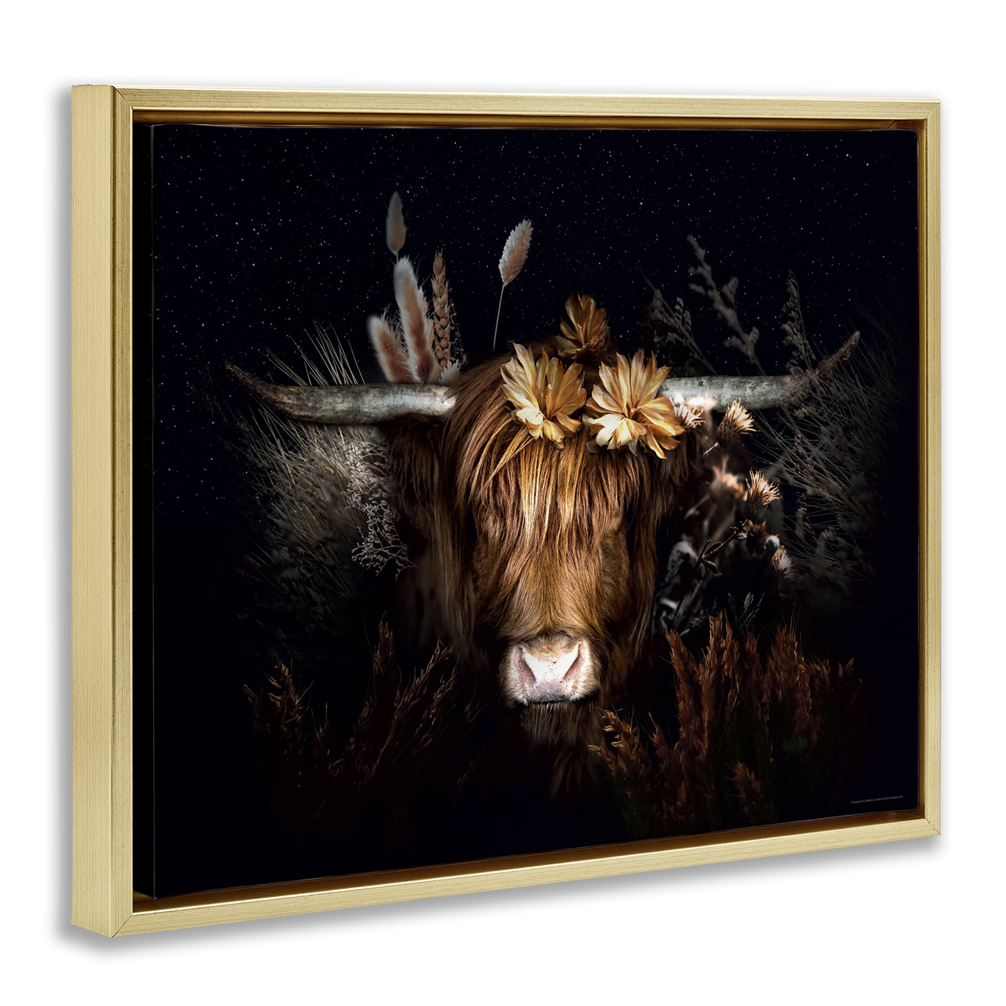 Stupell Industries Shadowed Cattle & Botanicals Animals Painting Gold Floater Framed Canvas Art Print Wall Art, 31 x 25
