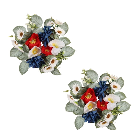 2 Pcs 4th of July Candle Rings Decorations Artificial Flower Wreath Red Blue White Patriotic Candle Holder 7.9" Tables Centerpieces Home Farmhouse Decor for Independence Day Memorial Day