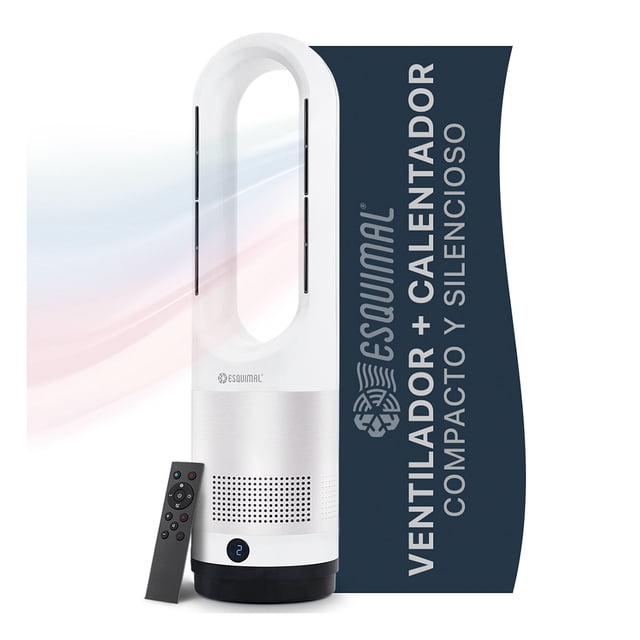 ventilador calentador 2 en 1 sin aspas silencioso esquimal color blanco Aero 1000, vista frontal vertical de torre de 56 cm con base cilíndrica y rejilla perforada; panel táctil LED visible y control remoto negro al frente; 14 cm de diámetro, 1000W con calefacción cerámica PTC y 8 niveles de ventilación, recomendado para 12–16 m2 y adecuado para uso portátil en escritorios pequeños.