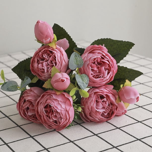 Ramo de flores artificiales de peonía de seda rosa, 30cm, 5 cabezas grandes, un capullo, flores falsas baratas para decoración de boda en casa indoo