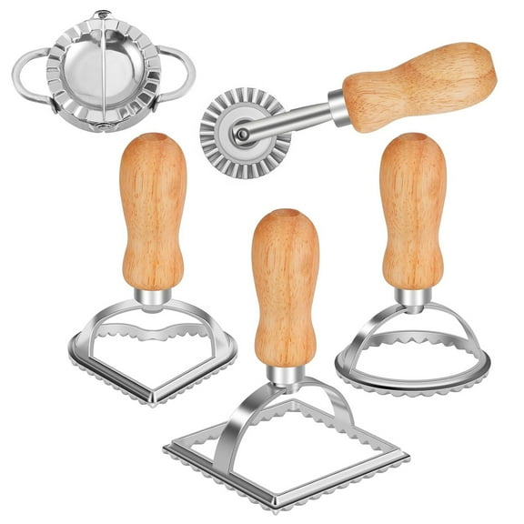 WLGJL Ravioli Stamp Maker Cutter with Roller Wheel (Set of 5), Wooden Handle and Fluted Edge, for Ravioli, Pasta, Dumplings Lasagna, Pierogi