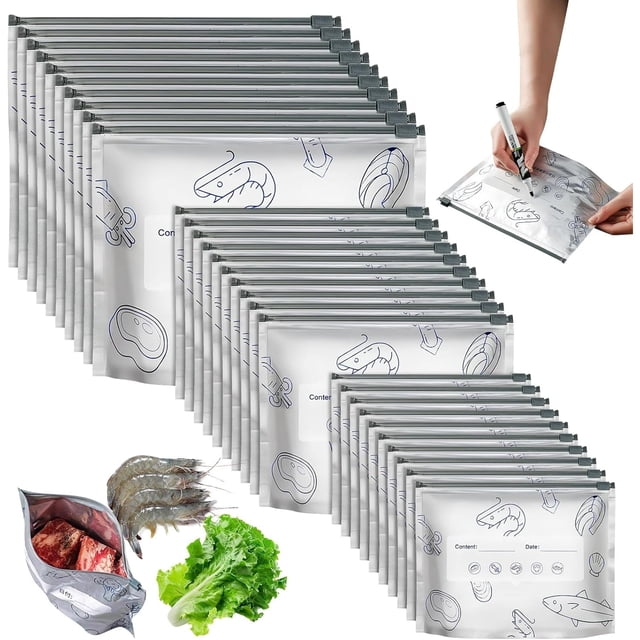 30 Pcs Sacs de Rangement Refermables en Papier D\'aluminium Réutilisables, Nouvelles Pochettes à Fermeture Éclair sous Vide 2026 pour Aliments, Sacs Refermables en Feuille Autoportants avec Étiquette et Verrou à Glissière pour Légumes Fruits Viande