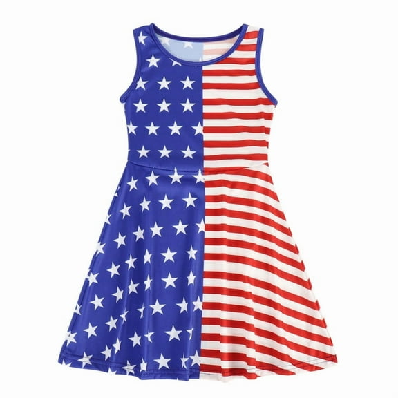 Benylion Girls 4th of July Dress Toddler American Flag Sundress Kids Patriotic Outfit for 6-7 Years