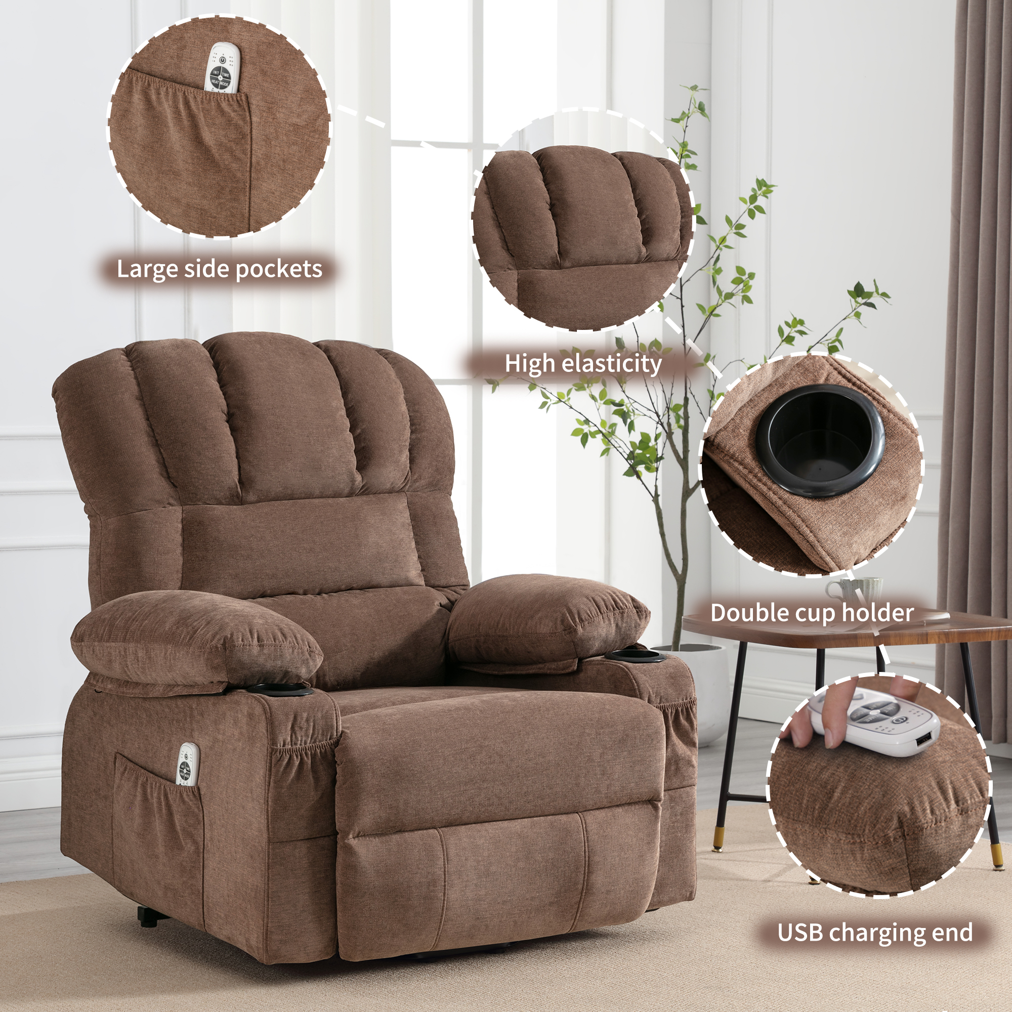 UHOMEPRO Power Lift Recliner Chair for Elderly with Heat and Massage, Recliner Chair for Livingroom with Infinite Position and Side Pockets , USB Charge Port, Cup Holders Fabric, Brown