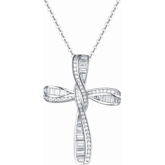 FANCIME 925 Sterling Silver Cubic Zirconia CZ Infinity Twist Open Loop Cross Pendant Necklace for Women, White Gold Plated with 18" Chain