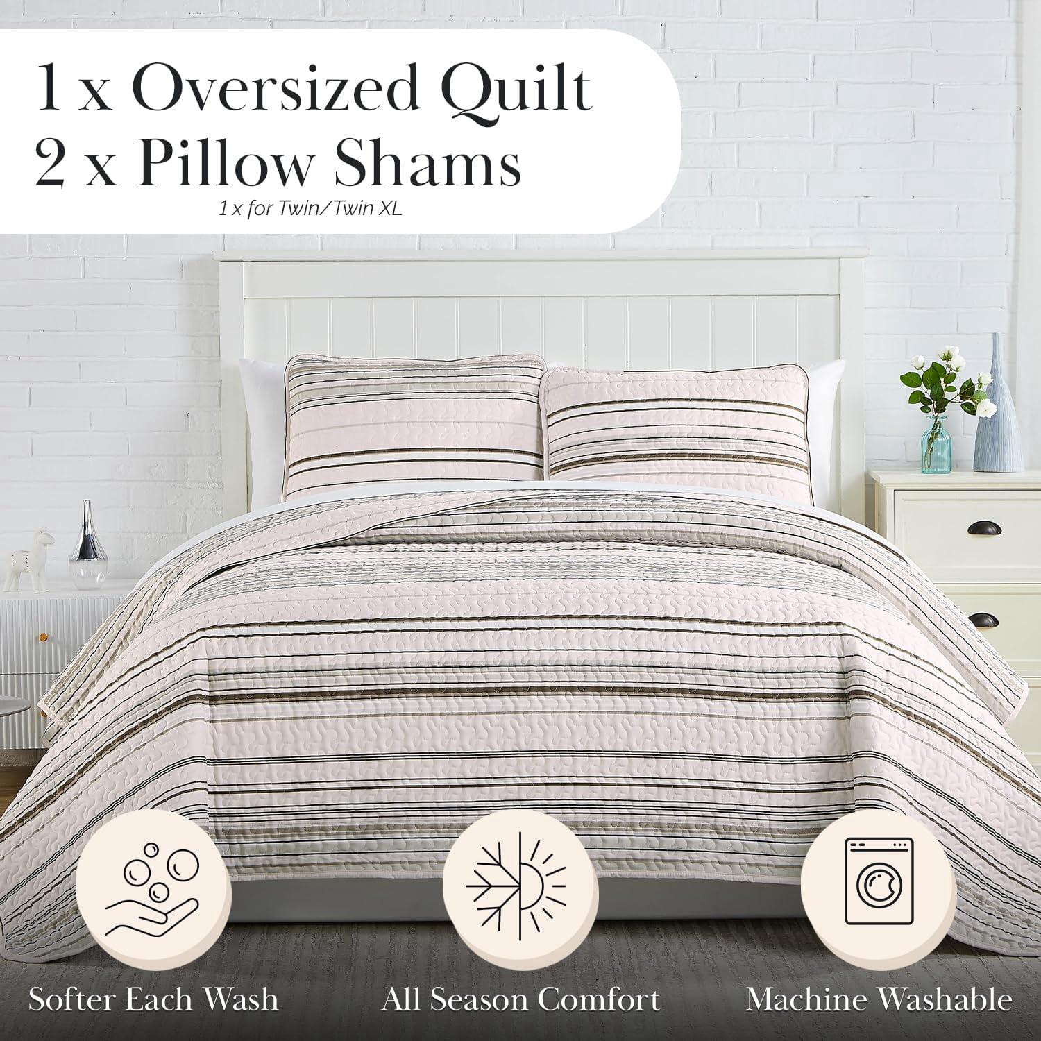 Southshore Fine Living, Inc. Oversized Queen Quilt Set, Striped Beige Quilt Bedspread Queen/Full, 3-Piece Coastal Bedding Set with Quilt and Matching Shams, Soft Microfiber Quilt, Taupe Stripes