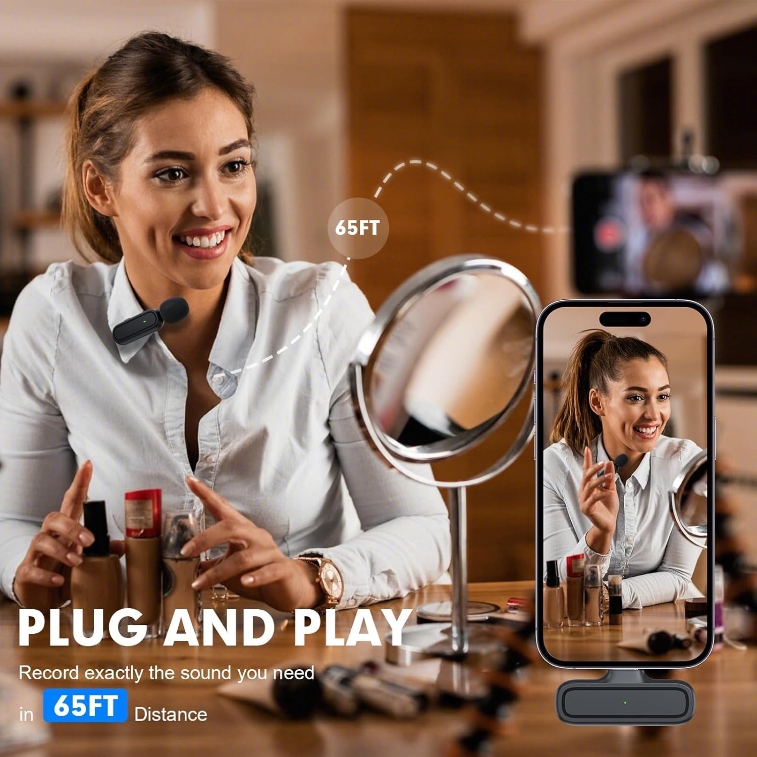 2 Pack Wireless Microphone for Android iPhone iPad with Adapter Included Noise Reduction Plug-Play Clip on Lapel Mic for Video, Recording, Interview Podcast, Vlog, YouTube