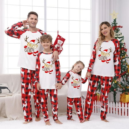 

Guvpev Men Christmas Parent-Child Suit Round Neck Long Sleeve Plaid Christmas Homewear Suit
